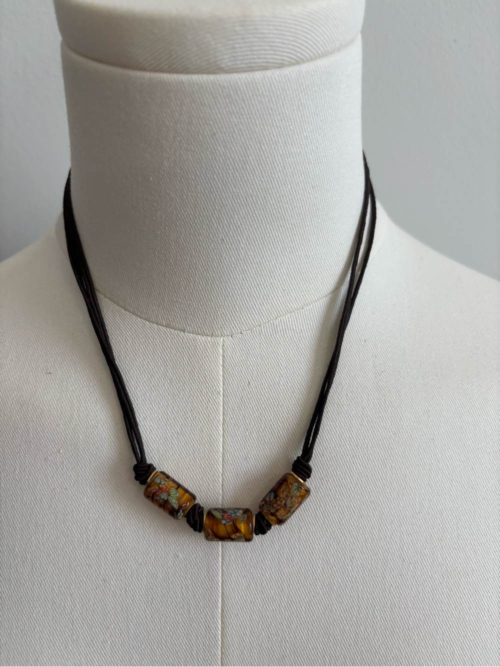 Bohemian Brown Glass Bead Necklace on Black Multi-Strand Cord